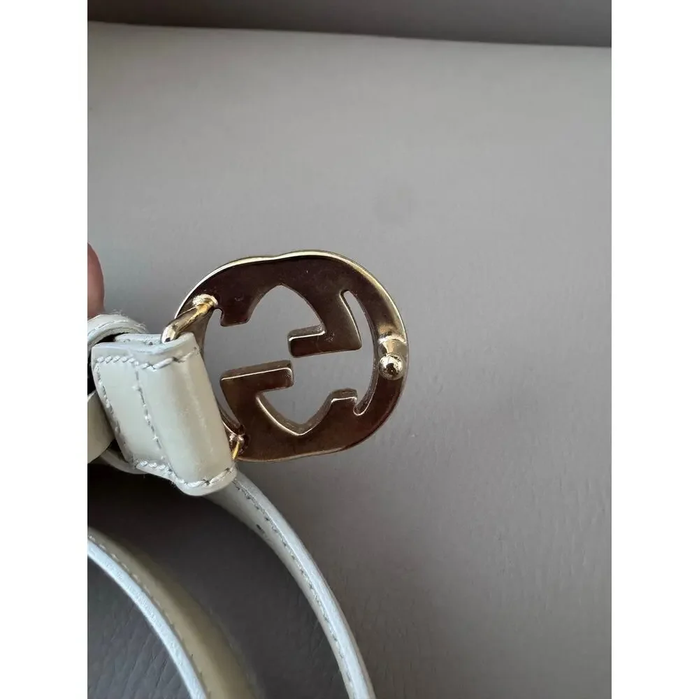 Vintage Gucci Belt Logo Gold Buckle Leather Ivory Cream Luxury 90s Y2K